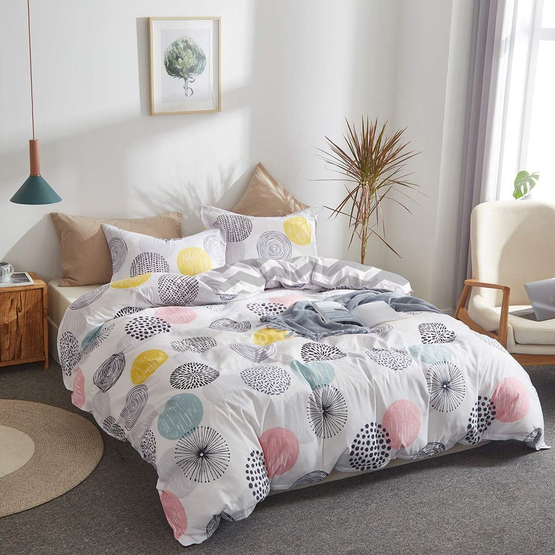 Uozzi Bedding 3 Piece Duvet Cover Set Queen (1 All Season Design Summer Duvet Cover + 2 Pillow Shams) with Colorful Dots, 800 - TC Comforter Cover with Zipper Closure, 4 Corner Ties - Pink Gray Yellow Circles - Image 4